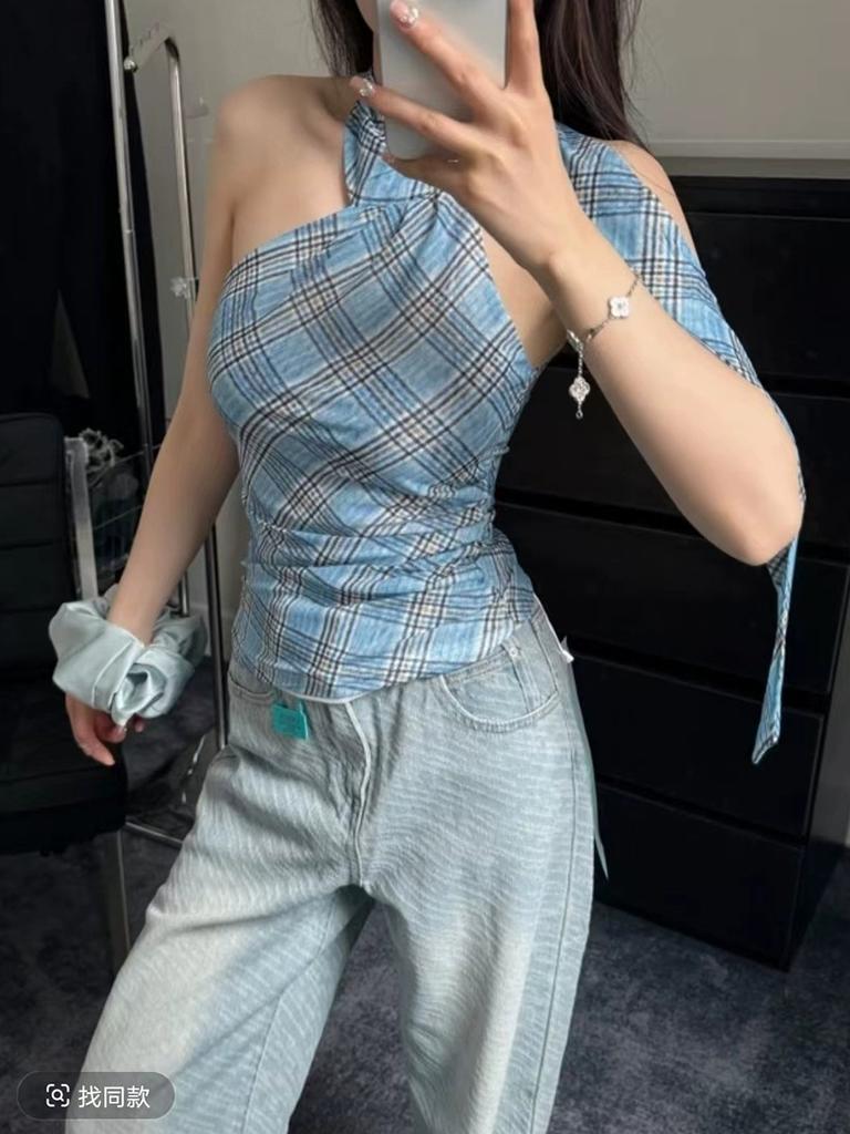 Shipped, Neck Strap Contrasting Color Plaid Sleeveless Vest Women's 1111 Summer New Models