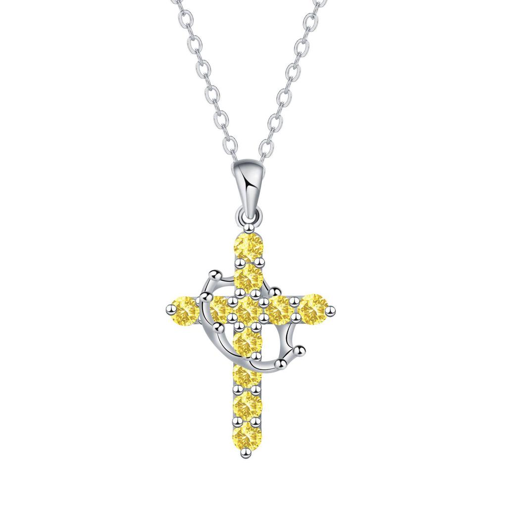 Multi-Color Birthstone Diamond Cross Necklace - Retro Religious Clavicle Pendant Gift