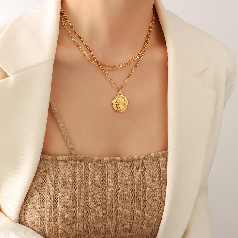 Style Personalized Portrait Round Brand Pendant Three Layers Stacked Necklace Female, Titanium Steel Plated 18K Real Gold Sweater Chain