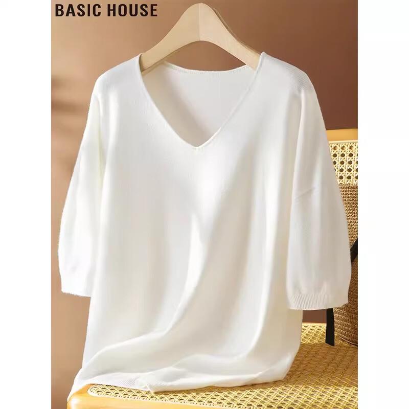 Basic House Women s V-Neck Knit Half-Sleeve T-Shirt M