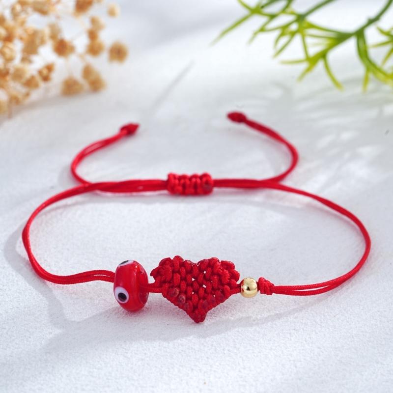 Handcrafted Red Cord Evil Eyes Bracelet With Heart Charm Adjustable Wrist Jewelry For Women Men Friendship Gift