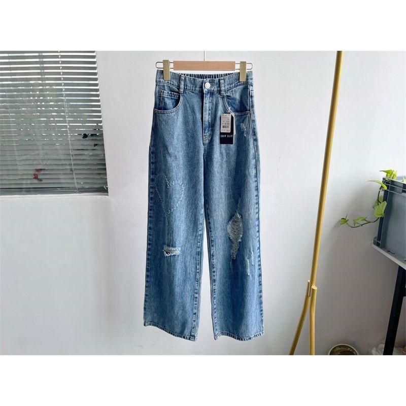 

Slightly Flaw Ripped Straight Denim Female Spring & Fall New Design Sense Niche Style Heart K-style Fashion Casual Trousers C6 Blue S