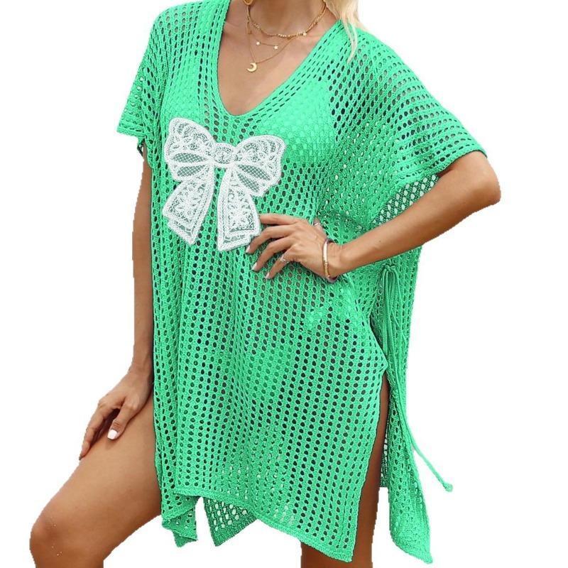 Plus Size Women's Lace Butterfly Splicing Woven Hollowed Out Beach Bikini Smock Dress