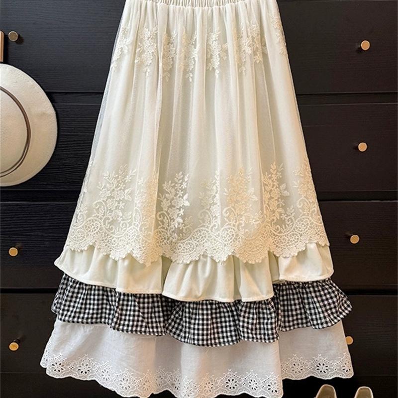 

Зимняя юбка-фея с кружевным пэчворком, многослойная, с высокой талией, плиссированная, свободного кроя, с широким подолом, для женщин (2025) One Size