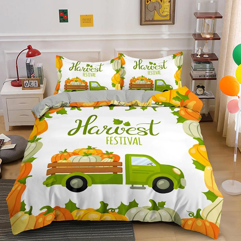 Autumn Pumpkin Truck Soft Duvet Cover Hapy Fal Thanksgiving Beding Set for Children Festival Gifts Comfortable Quilt Cover Bedrom Decoration