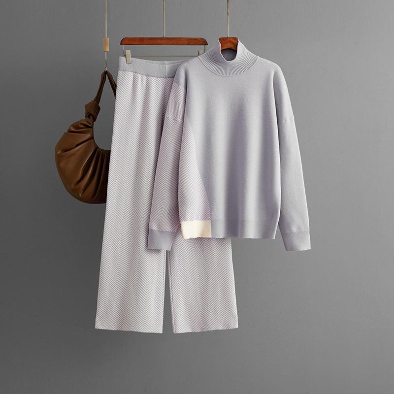 Fashion Contrasting Color Semi-turtleneck Loose Knitted Top Wide-leg Pants Two-piece Set