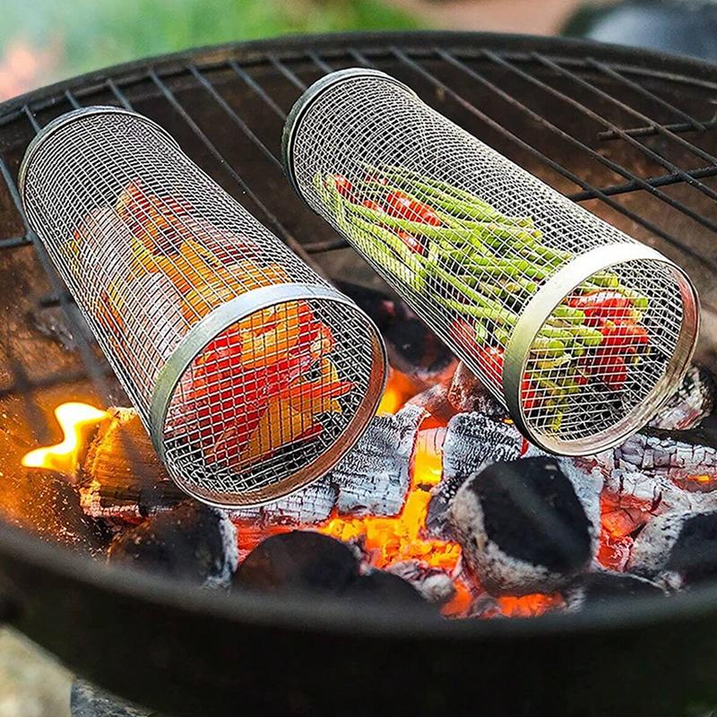 Portable Outdoor Cylindrical Barbecue Basket Picnic Bbq Smoking Net Camping Picnic Rolling Barbecue Cage And Cooking Accessories