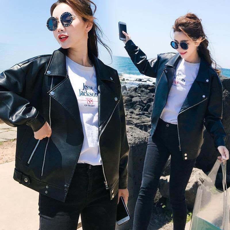 Fashionable Loose Short PU Leather Biker Jacket for Women Students Korean Style Thick Fleece Lined Slimming Outerwear for Autumn Winter