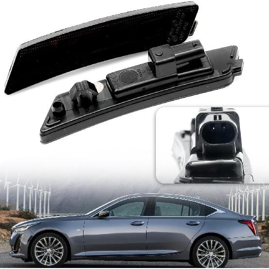 Led Side Marker Lights Compatible w/Cadillac CT5 2020 2021 2022 2023 2024 White Led Front Bumper Side Marker Reflector Repeater Lamp Kit LH RH Smoked