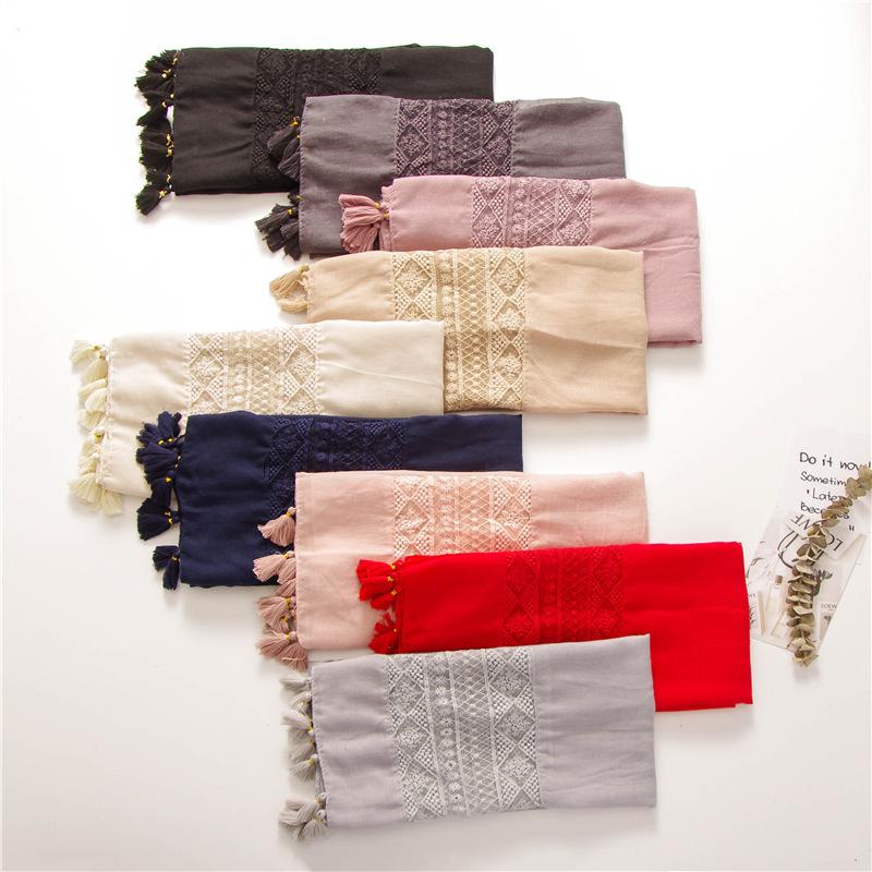 2024 Four Seasons Women'S Refreshing Literary Solid Color Elegant Scarf Lace Splicing Embroidered Silk Scarf Sunscreen Shawl Air Conditioning Scarf
