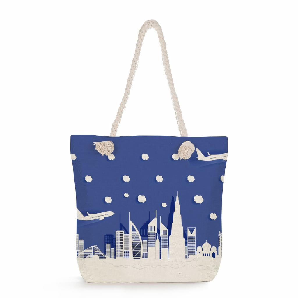 Multifunctional Dubai Architecture Printed Thick Rope Shoulder Beach Bag Casual large capacity handbag 7613