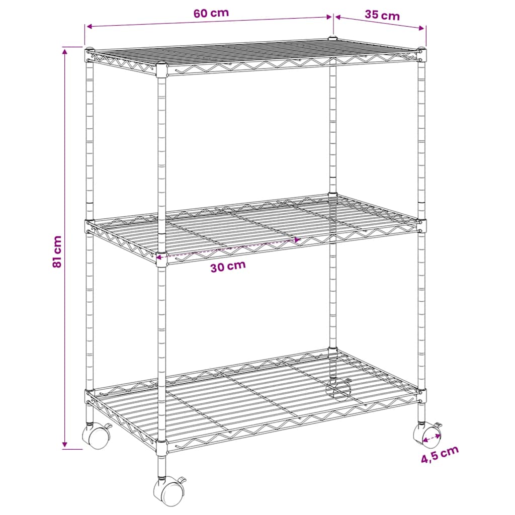 Storage Shelving Unit with 3 Shelves and Casters 60 x 35 x 81 cm Black 150 kg Capacity