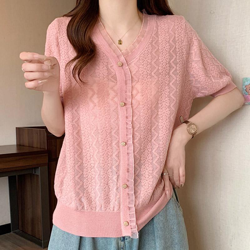 Women Sweaters Pullovers 2025 Summer Short Sleeve V-Neck White Knitted Sweater Women Tops Pullover JJ230