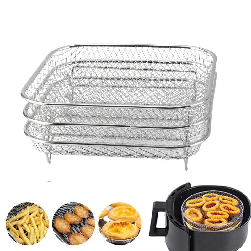 3-layers Air Fryer Rack Stainless Steel Stackable Grid Grilling Drying Steam For Air Fryer Basket Tray Air Fryer Accessories