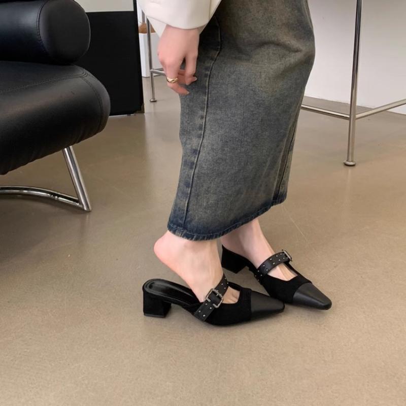 

Низкие Чехлы на Обувь Носок Женские Тапочки Квадратный Каблук Шлепанцы Средние 2025 Блок PU Ткань Рим Копытце Каблуки Резиновая Обувь Низкий Носок Квад 35 чёрный