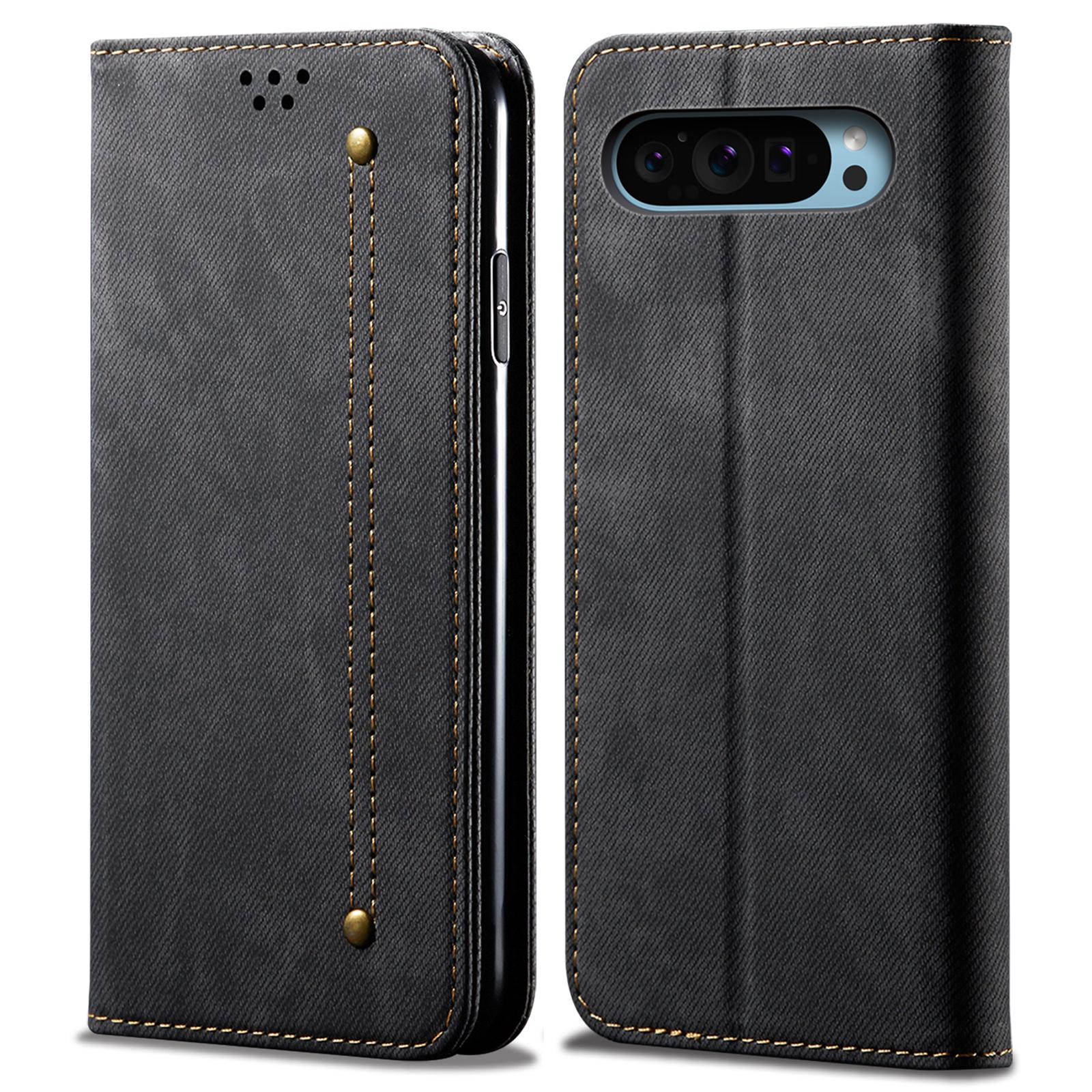 

For Google Pixel 9/Pixel 9 Pro Case Jeans Cloth Texture Anti-Scratch Leather Stand Phone Cover Black