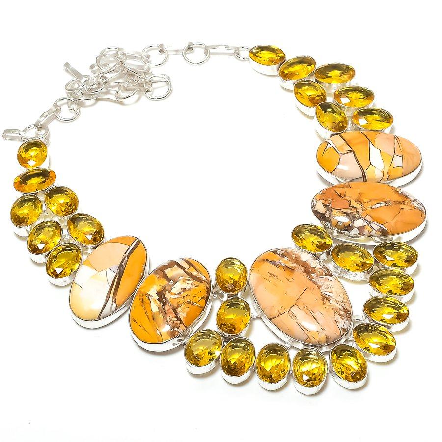 

Natural Brecciated Mookaite, Citrine 925 Sterling Silver Necklace 18 a1g98