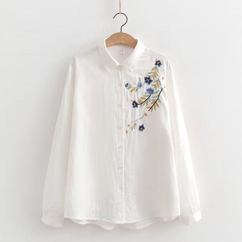 Retro Artsy Ethnic Style Embroider Flower Pure Cotton Shirt 2024 Spring New Arrival Loose All-Matching Top Women