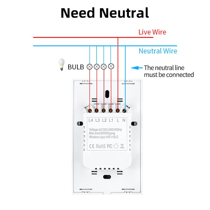 LangYeao Tuya WiFi US AU 1/2/3/4 Gang Smart Touch Wall Light Switch Work with Alexa and Google Home with Neutral Wire