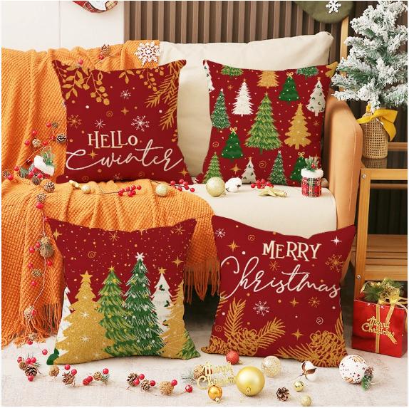 45x45cm Christmas Pillow Covers Set of 4,Winter Decorative Pillow Case, Merry Christmas Tree Cushion for Home Sofa Xmas Decor