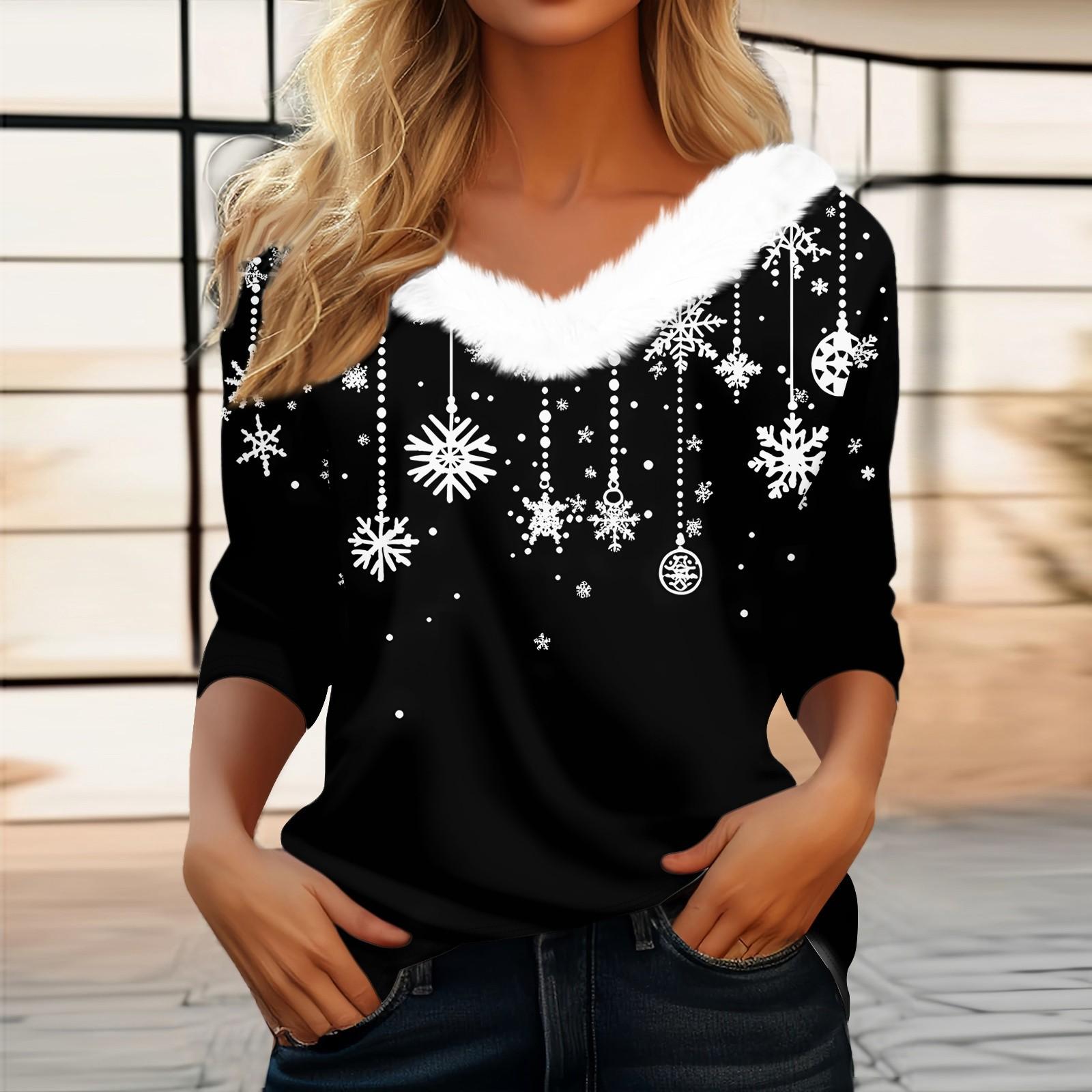 

Женская футболка с рождественским принтом, флисовый воротник с рукавом три четверти и V-образным вырезом на рождественской вечеринке L