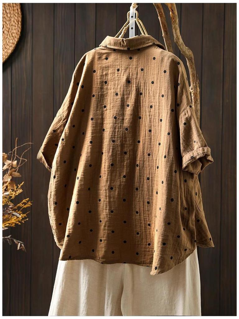 2025 Women's Cotton Linen Polka Dot Shirt - Short Sleeve, Loose Fit, Plus Size, Artistic Casual Summer Jacket