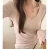 V-neck Slightly See-through Inner Knitwear Women Early Spring Autum Tshirt Slim Sweet Pink Bottoming Top