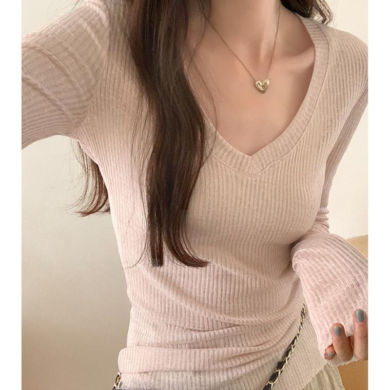 V-neck Slightly See-through Inner Knitwear Women Early Spring Autum Tshirt Slim Sweet Pink Bottoming Top