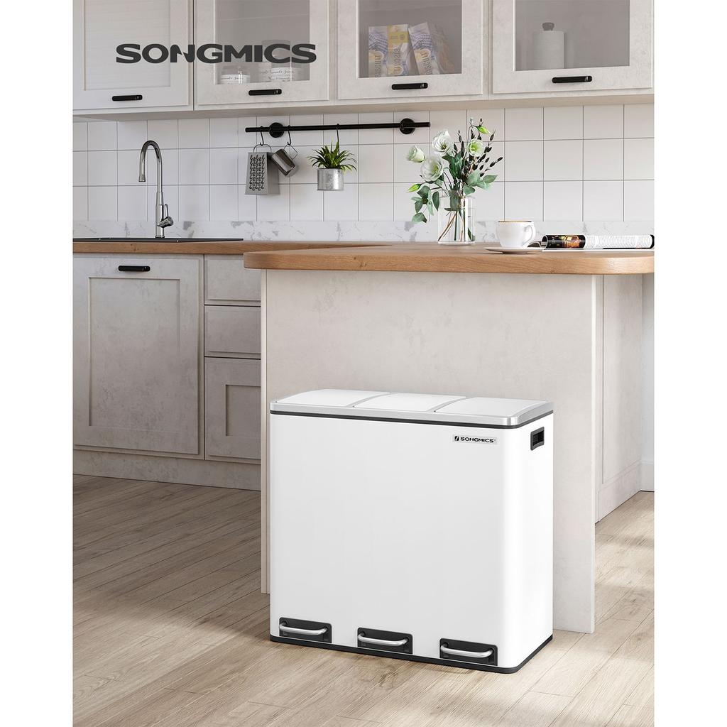 SONGMICS Recycling Bin, 3 x 18 L Triple Kitchen Bin, 3 Compartment Pedal Bin with Soft-Close Lids, Plastic Inner Buckets, and Handles, White