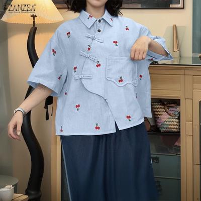 Damen Turn-Down-Kragen Lässige Kurzarm Bluse mit Aufdruck