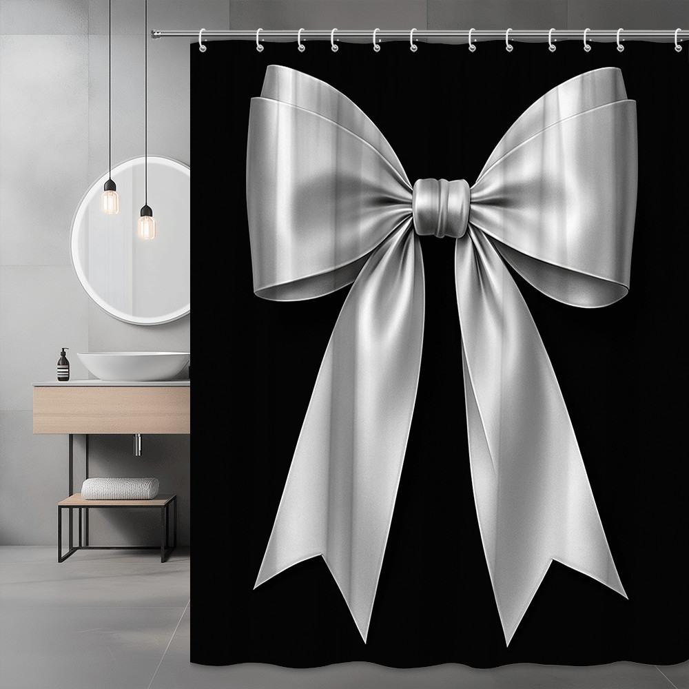 Elegante Cortina de Ducha con Lazo Plateado Fondo Negro Lujo Diseño de Cinta de Satén Decoración de Baño de Moda Impermeable no tóxico