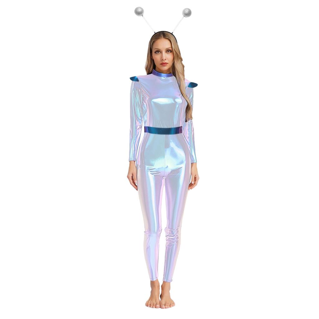 Womens Alien Robot Astronaut Cosplay Costume Metallic Shiny Full Body Unitard Long Sleeve Jumpsuit