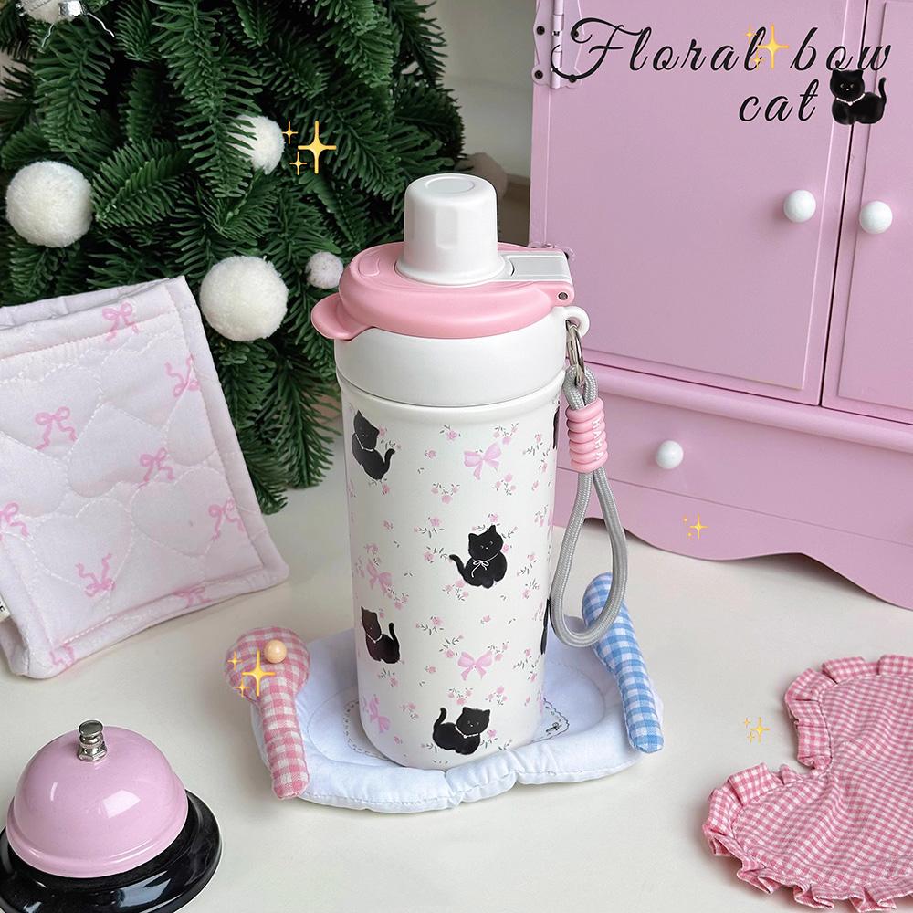 Cute Cat Bow Insulated Water Bottle With Straw Filter 500ml Stainless Steel Leak-Proof Thermos Kawaii Cat Bow Cups for Girl Kids