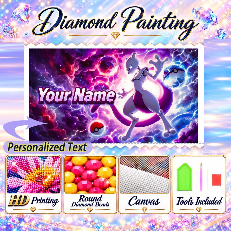 Personalized Mewtwo Diamond Art Custom Name 5D Diamond Painting Full Drill DIY Craft
