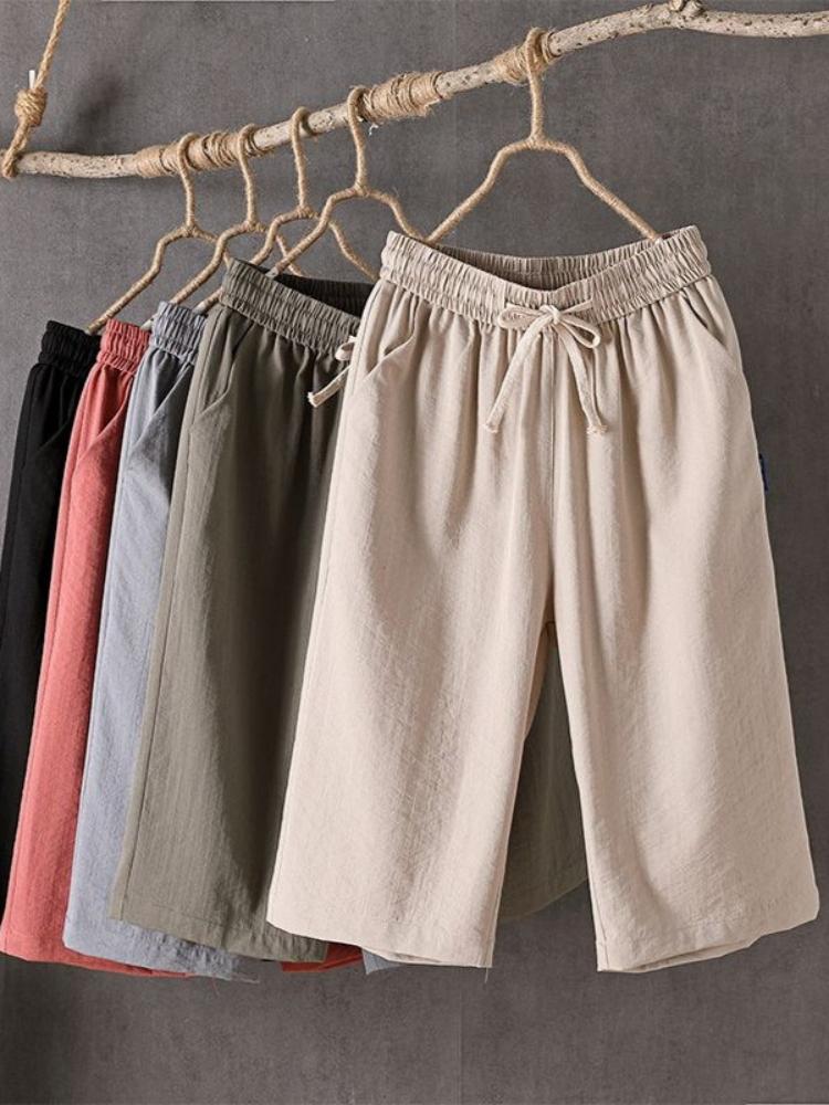 Summer New Cool Cotton and Linen Pants, Large Size Casual Pants, Elastic Waist Drawstring Pocket Shorts for Women