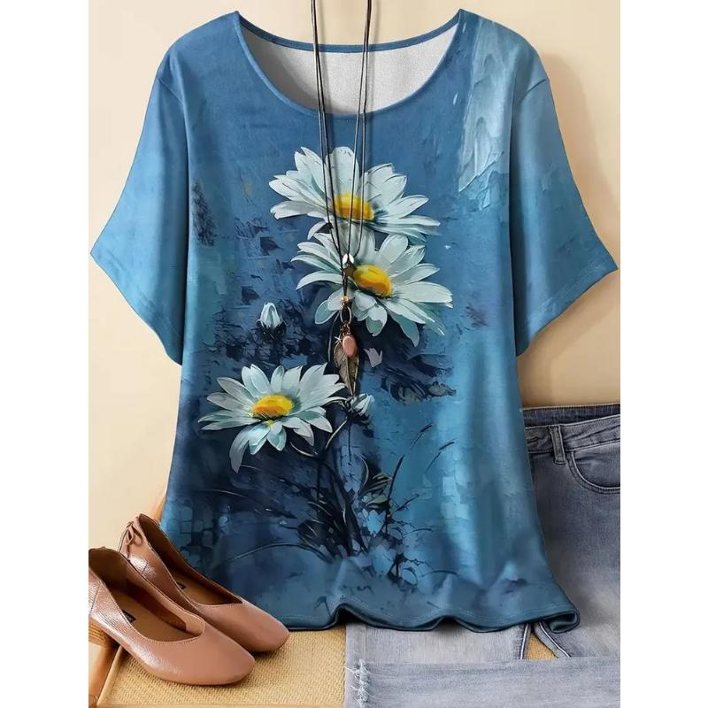 Flower Short Sleeve Fashion Women's Crew Neck Short Sleeve 3D Color Printing Crew Neck T-Shirt