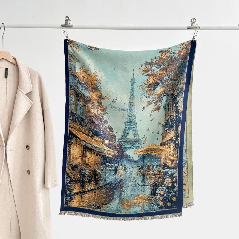 Autumn and winter new double-sided color oil painting series imitation cashmere thickened warm scarf women's air conditioner shawl