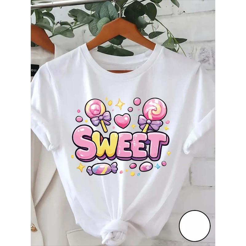 

Short-Sleeve T-Shirt - SWEET, Candy Print Round-Neck Short-Sleeve T-Shirt - Stylish, Comfortable, Breathable Casual Wear, S белый