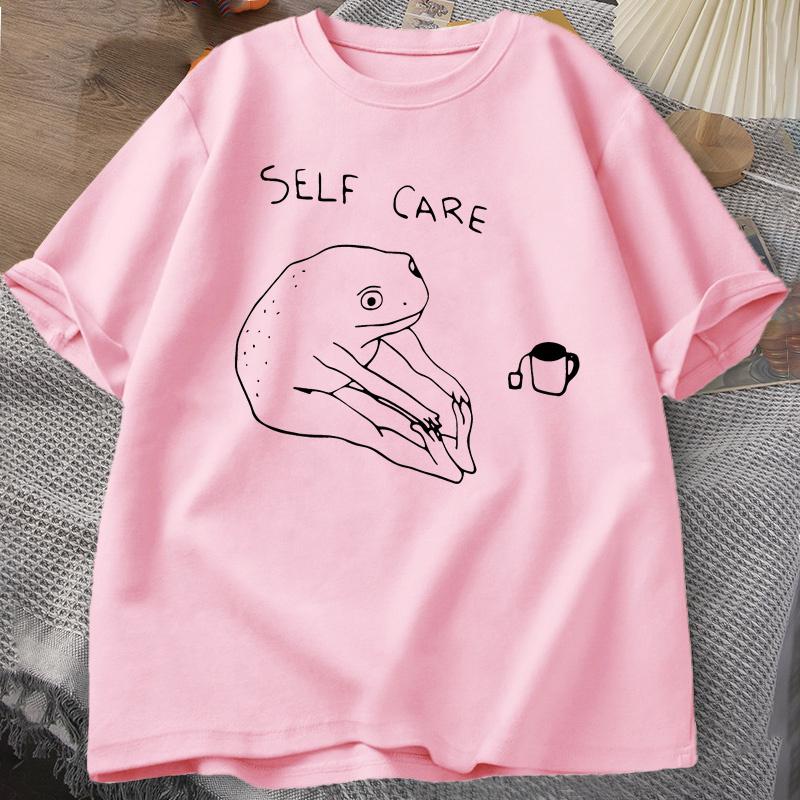 Funny Frog Self Care T-Shirt Women Men Summer Round Neck Short Sleeve Tee Shirt Streetwear Retro Cottagecore Frog Printed Tshirt