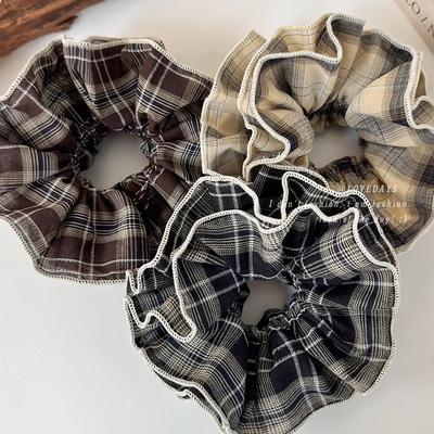 Chouchous rétro à carreaux et dentelle double couche pour cheveux, grands, marron, bandeaux pour femmes, élastiques à cheveux élégants, corde à cheveux pour fille, élastique, coiffe