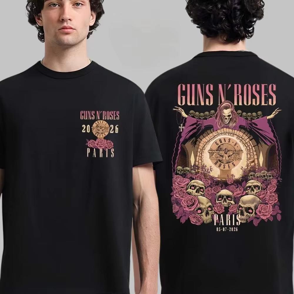 Sommer-Heißverkauf Guns N Roses Paris Tour 2026 Skelett Grafik T-Shirts Unisex Lässig Harajuku Baumwoll-T-Shirt Retro Vintage Grafik Übergroßes T-Shirt