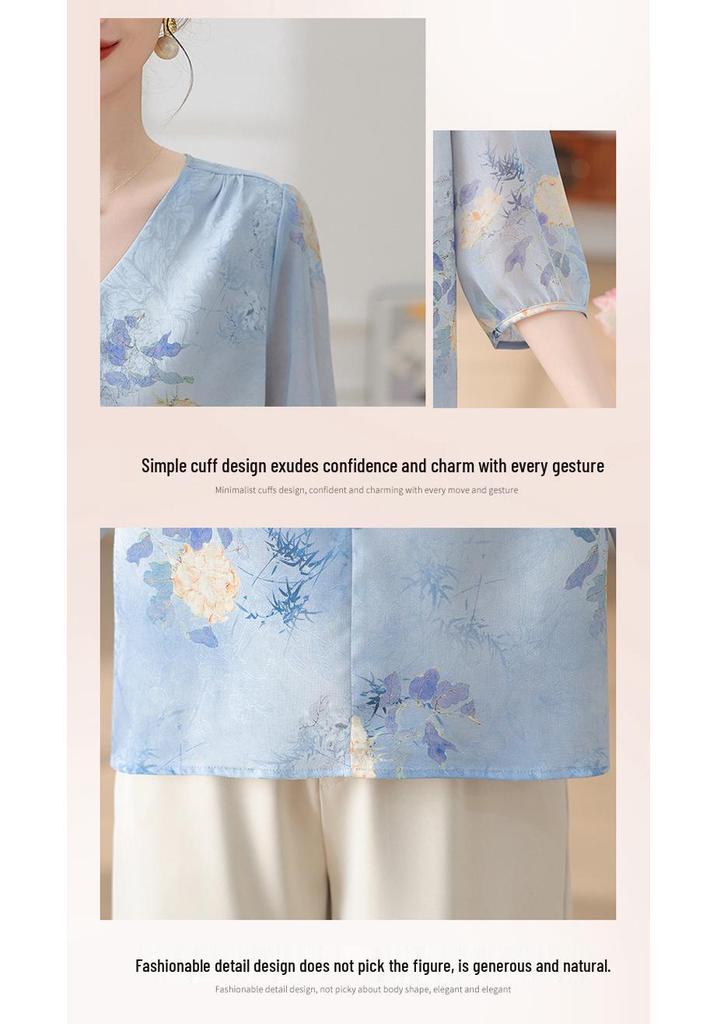 Mom's Summer Mid-Sleeve Chiffon V-Neck Shirt: Loose Print Top for Middle-Aged & Elderly Women