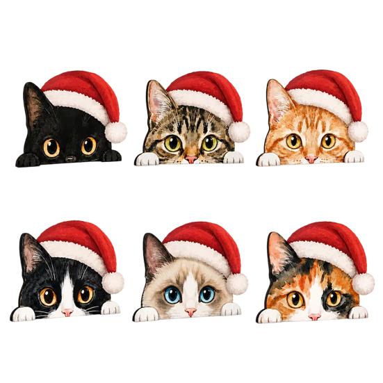 Christmas Table Centerpiece Cute Cat Shelf Sitter, Wooden Hat Peeking Desk Figurine, Funny Animal Desktop Background Ornament Sign, Lover Gift
