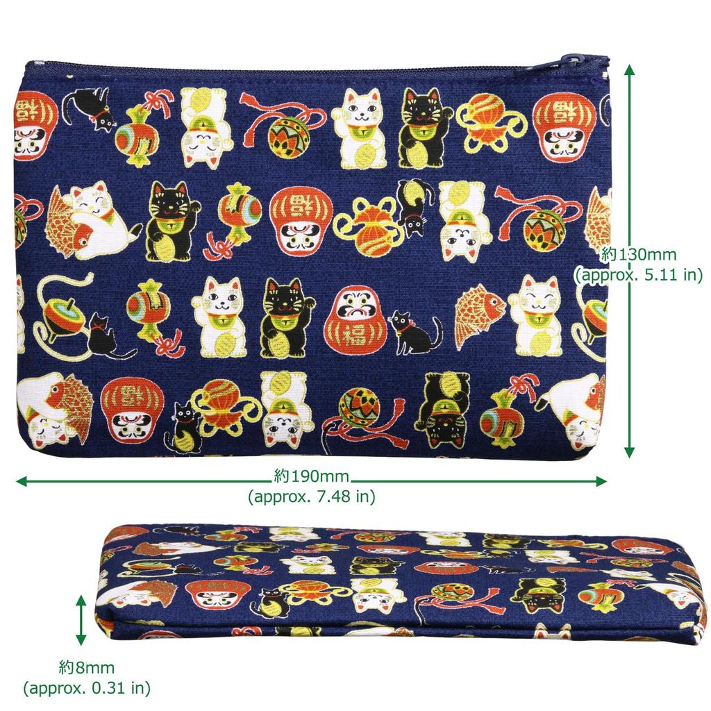 Morikuru Made In Japan Square Oblong 19 X 13 with a Shofuku Cat Cute for Small SG Wonder Zone Navy (Morikura) Pouch, Cm, Print, Multi-Pouch Items,