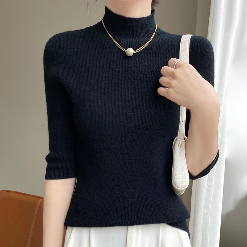 2025 Spring Women's Slim-Fit Mid-Neck Knitted Top with Five-Point Sleeves