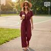 Women's V Neck Button Front Waist Belted Jumpsuit for Casual Wear