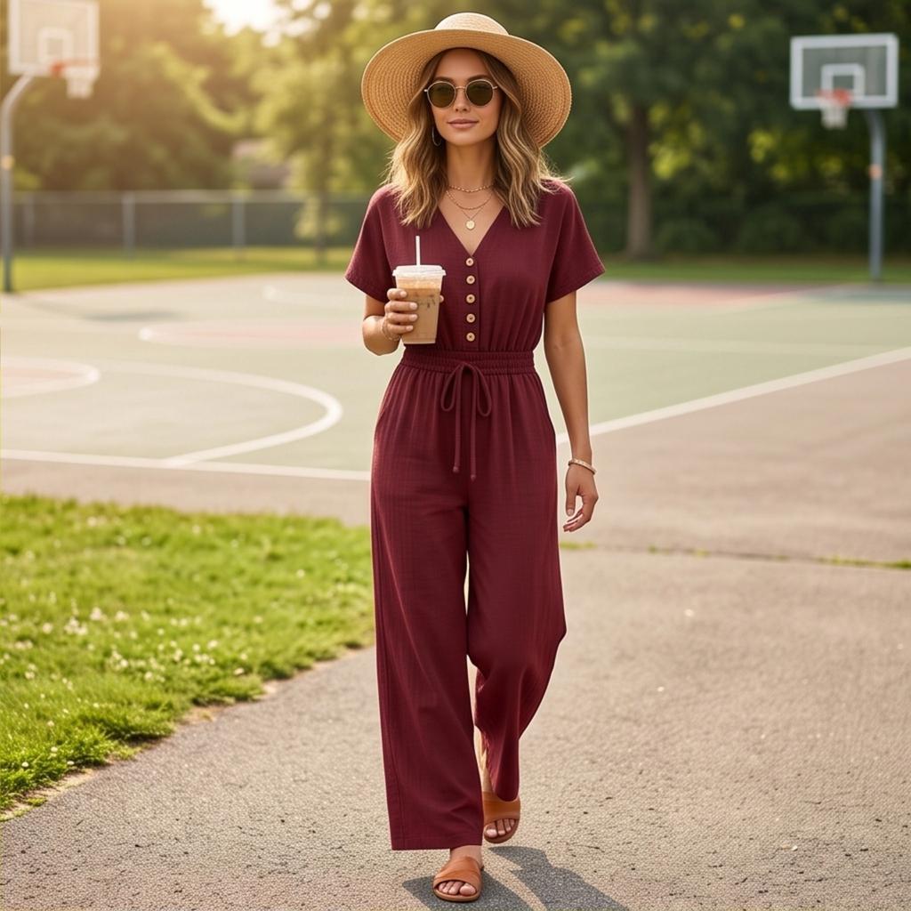 Women's V Neck Button Front Waist Belted Jumpsuit for Casual Wear