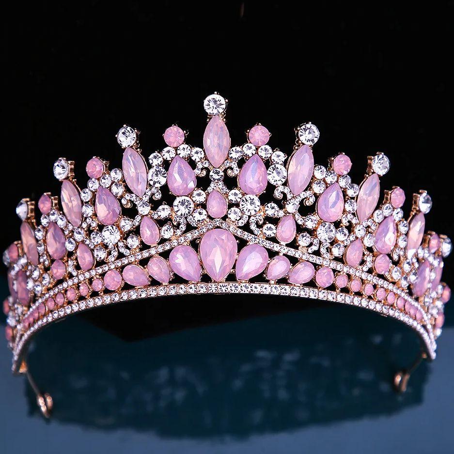 DIEZI 14 Colors Pink Green Blue Opal Crystal Tiara Crown Women Girls Wedding Elegant Luxury Princess Party Hair Dress Jewelry
