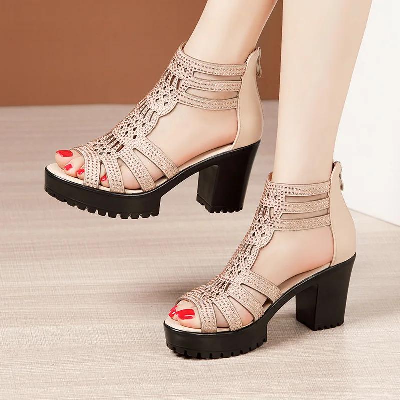 

6cm 8cm Small Size 32-43 Rhinestone Wedding Shoes Summer Platform Sandals 2025 Block High Heels Gladiator Sandals Office Model 37