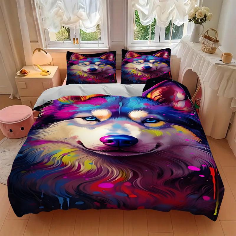 3pcs Colorful Wolf Art Duvet Cover Set -Includes 1 Duvet Cover and 2 Pillowcases, No Quilt Core, All-Season Home Decor  yy251111166